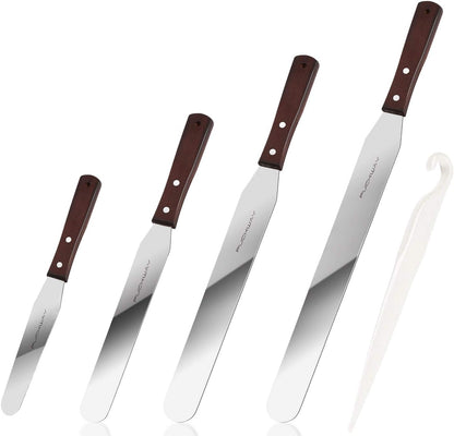4 PCS Cake Decorating Icing Spatula set with 4, 6, 8 & 10 Inch Stainless Steel Blade, Wood Handle Frosting Spatulas and Cake Stripping Tool