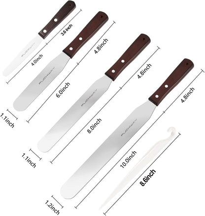 4 PCS Cake Decorating Icing Spatula set with 4, 6, 8 & 10 Inch Stainless Steel Blade, Wood Handle Frosting Spatulas and Cake Stripping Tool