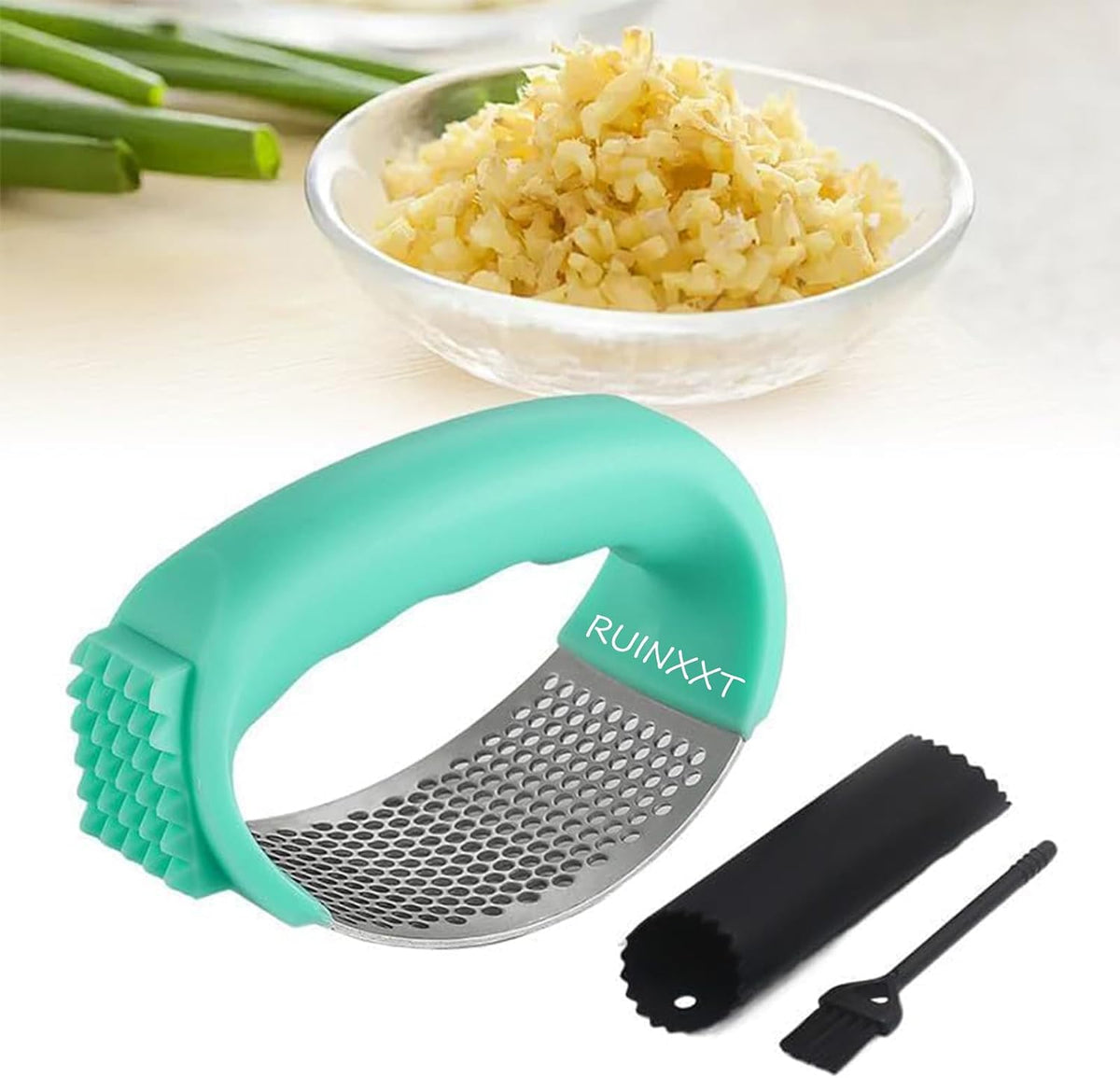 2025 New Upgraded Garlic Press Rocker, Stainless Steel Garlic Press, Garlic Crusher with Peeler and Cleaning Brush, Garlic Chopper for Crush Garlic Kitchen Gadgets, Kitchen Tools (Black)