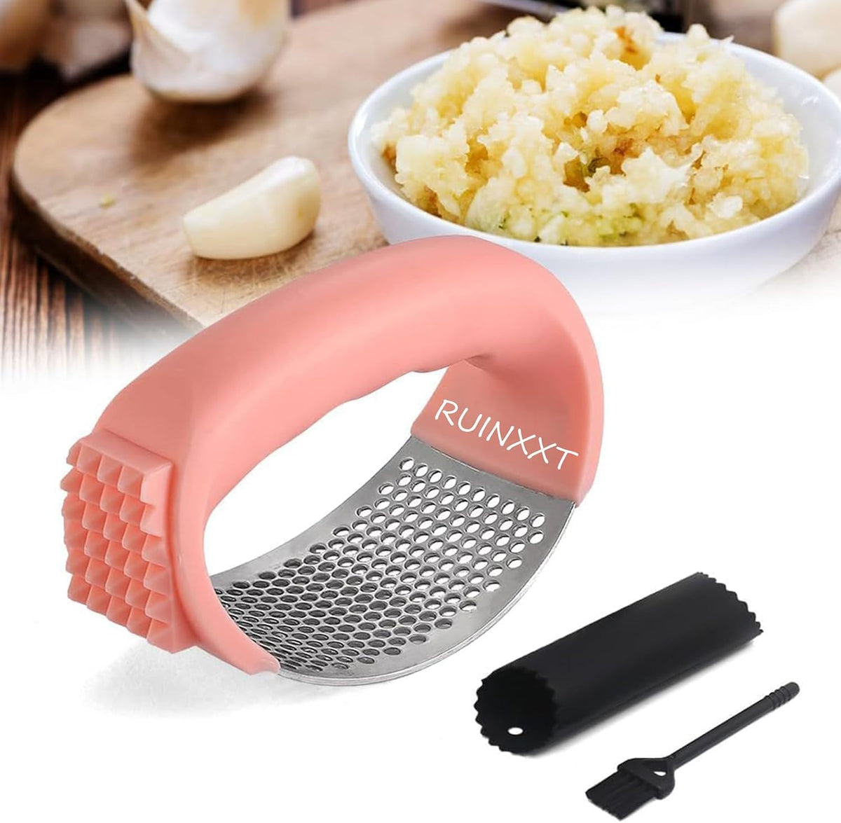 2025 New Upgraded Garlic Press Rocker, Stainless Steel Garlic Press, Garlic Crusher with Peeler and Cleaning Brush, Garlic Chopper for Crush Garlic Kitchen Gadgets, Kitchen Tools (Black)