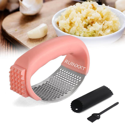 2025 New Upgraded Garlic Press Rocker, Stainless Steel Garlic Press, Garlic Crusher with Peeler and Cleaning Brush, Garlic Chopper for Crush Garlic Kitchen Gadgets, Kitchen Tools (Black)