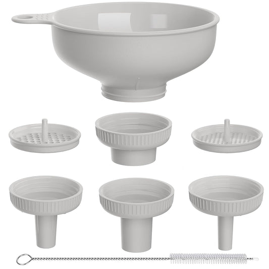 Wide Mouth Versatile Funnel, Canning Funnels for Kitchen Use, Food Grade Plastic Cooking Funnel Set with 4 Size Spouts and 2 Strainers for Filling Different Bottles and Bags, Grey