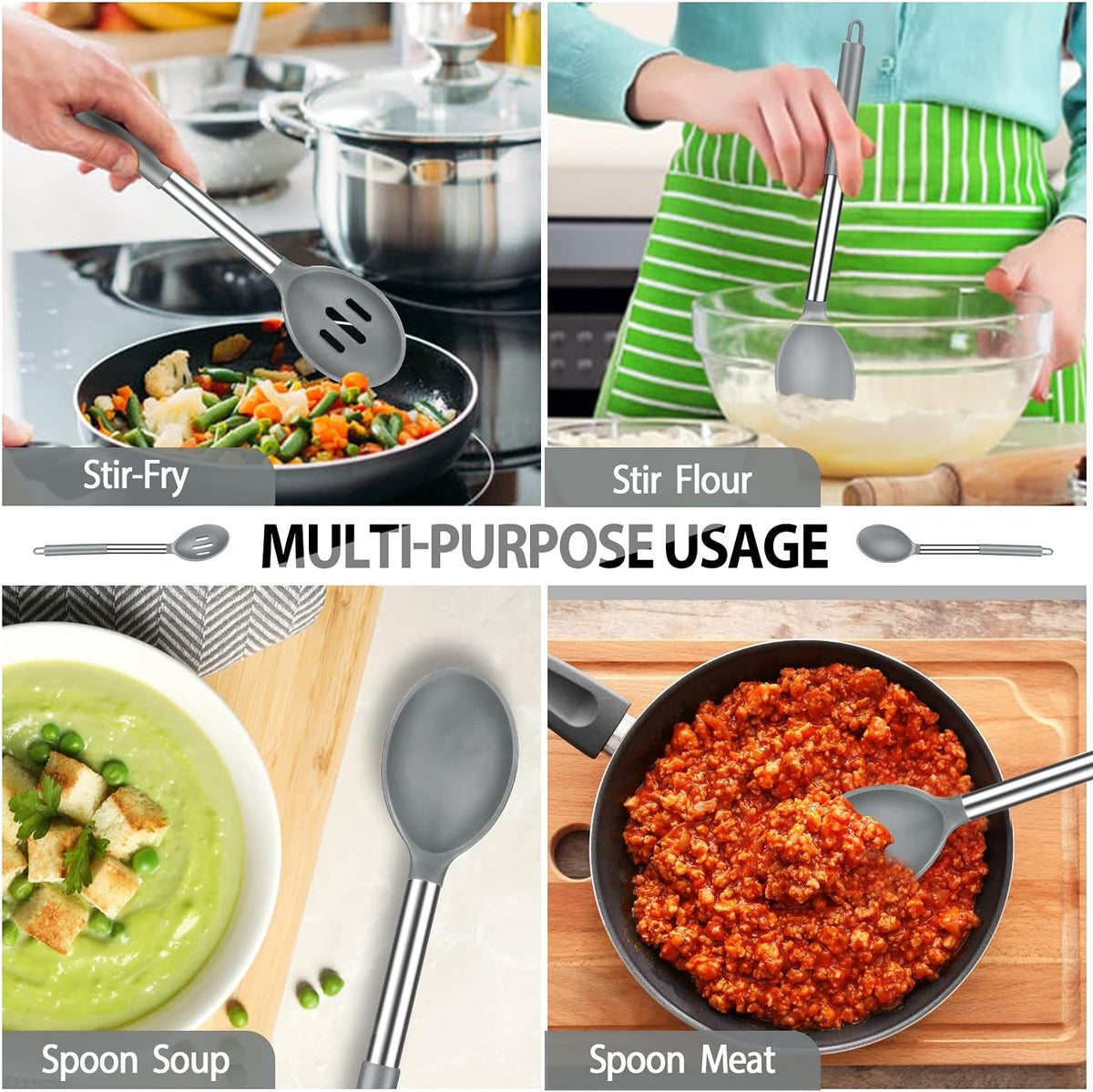 Silicone Cooking Spatulas and Spoons, Stainless Steel Kitchen Utensils Set