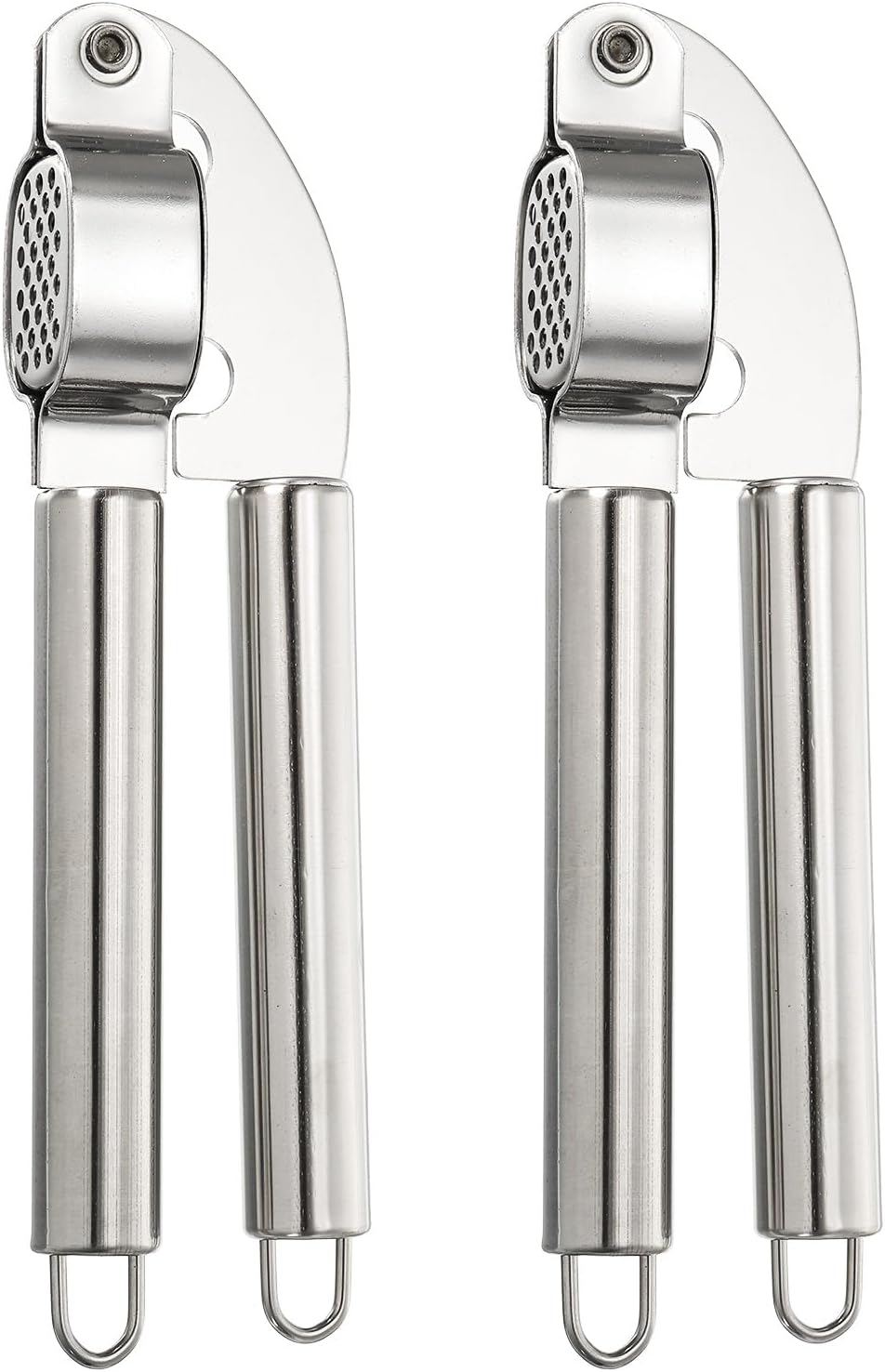 2pcs Garlic Press, 7.7 Inch Stainless Steel Garlic Crusher and Peeler Set for Home Cooks and Professional Chefs, Silver