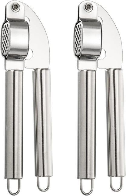 2pcs Garlic Press, 7.7 Inch Stainless Steel Garlic Crusher and Peeler Set for Home Cooks and Professional Chefs, Silver