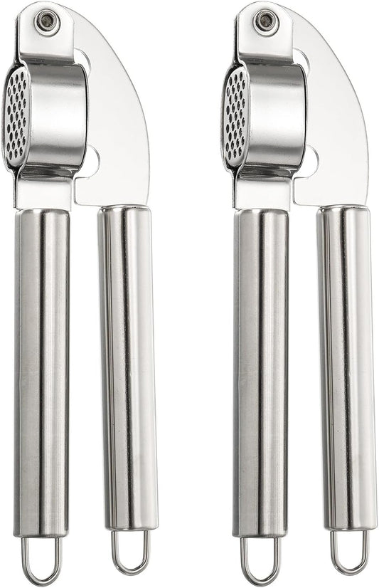 2pcs Garlic Press, 7.7 Inch Stainless Steel Garlic Crusher and Peeler Set for Home Cooks and Professional Chefs, Silver