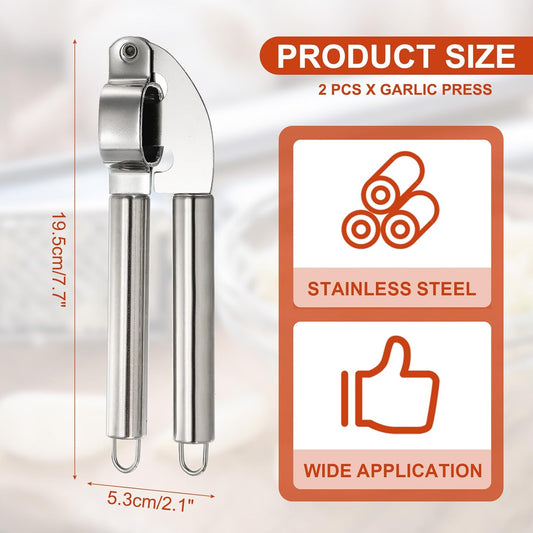 2pcs Garlic Press, 7.7 Inch Stainless Steel Garlic Crusher and Peeler Set for Home Cooks and Professional Chefs, Silver