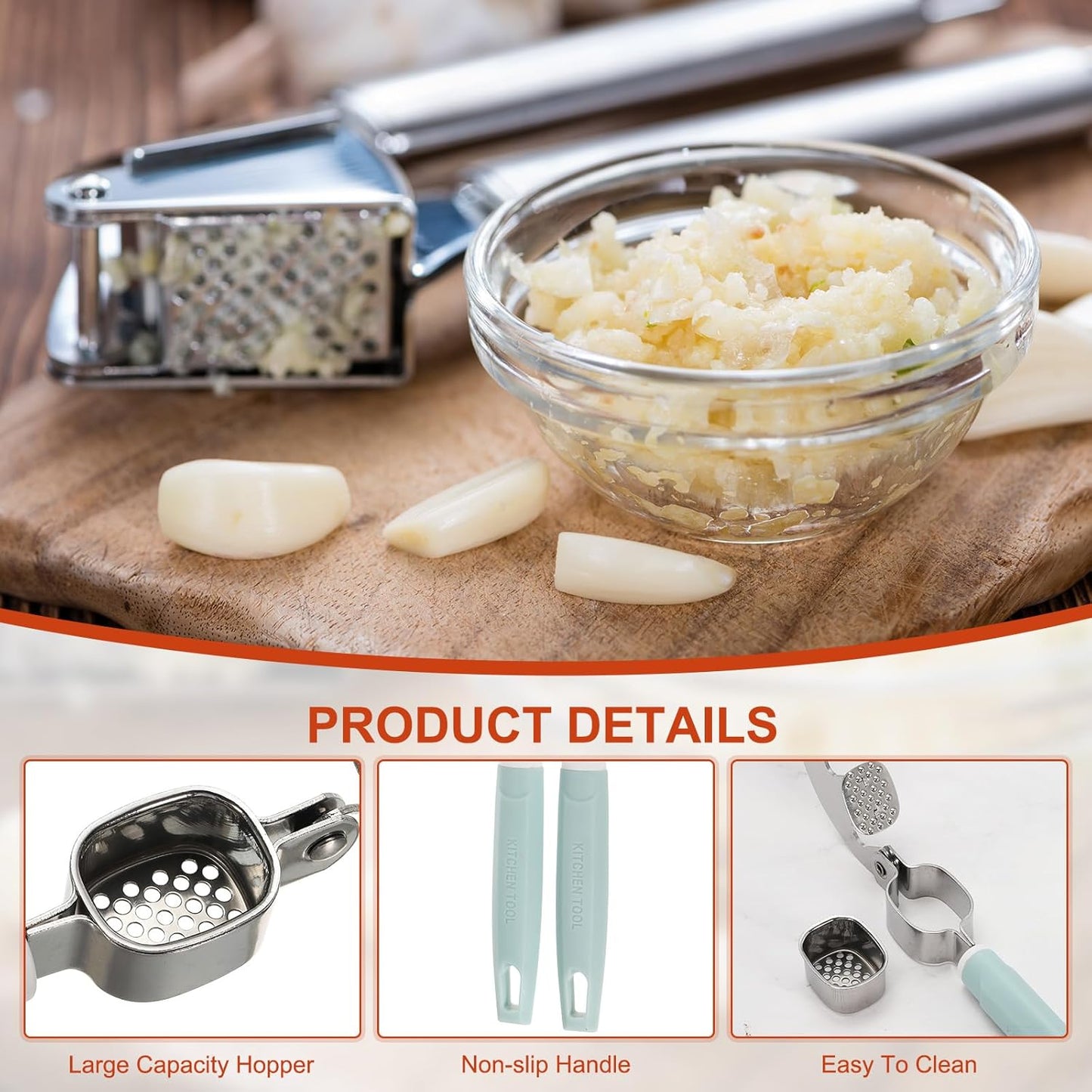 2pcs Garlic Press, 7.7 Inch Stainless Steel Garlic Crusher and Peeler Set for Home Cooks and Professional Chefs, Silver
