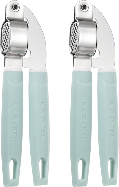 2pcs Garlic Press, 7.7 Inch Stainless Steel Garlic Crusher and Peeler Set for Home Cooks and Professional Chefs, Silver