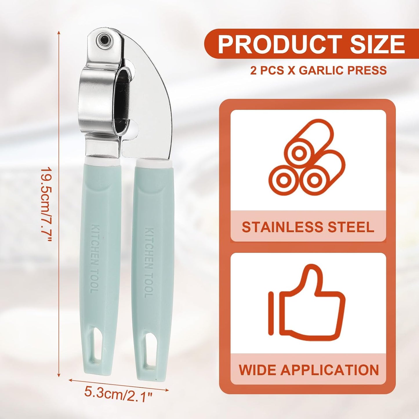 2pcs Garlic Press, 7.7 Inch Stainless Steel Garlic Crusher and Peeler Set for Home Cooks and Professional Chefs, Silver