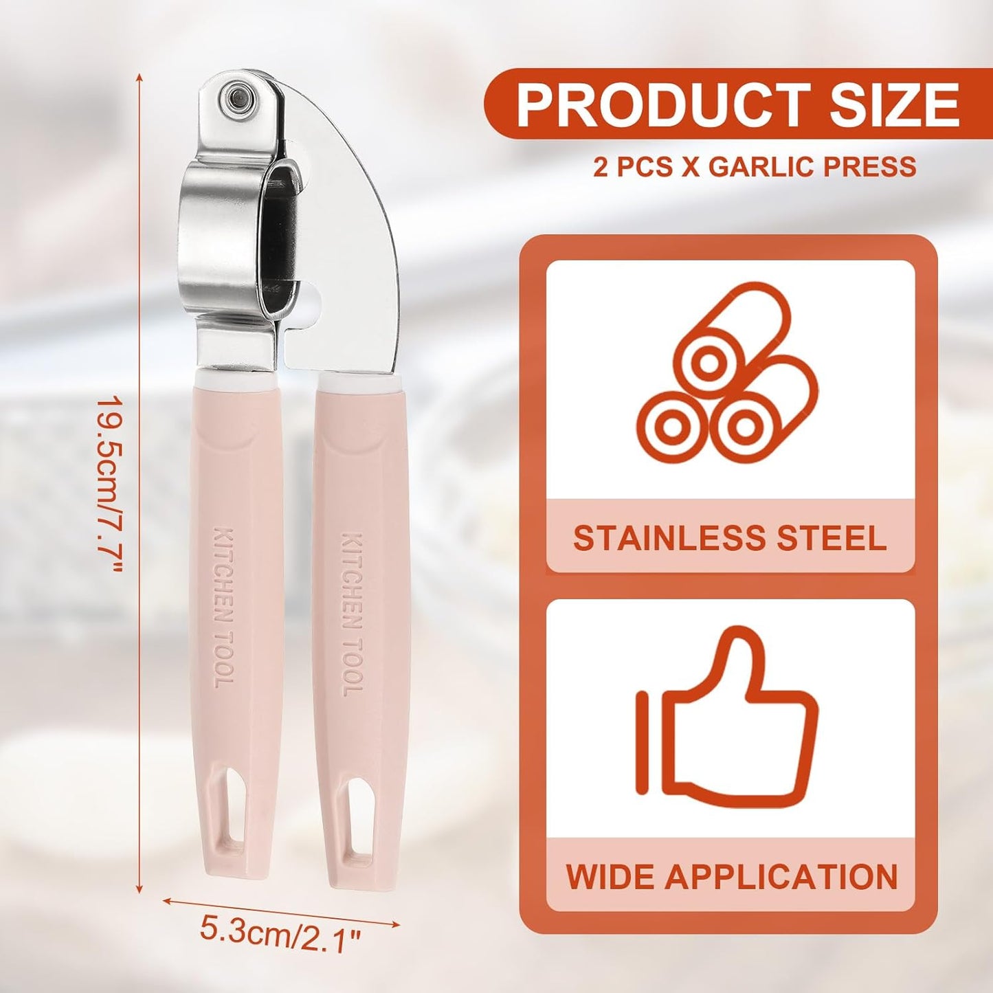 2pcs Garlic Press, 7.7 Inch Stainless Steel Garlic Crusher and Peeler Set for Home Cooks and Professional Chefs, Silver