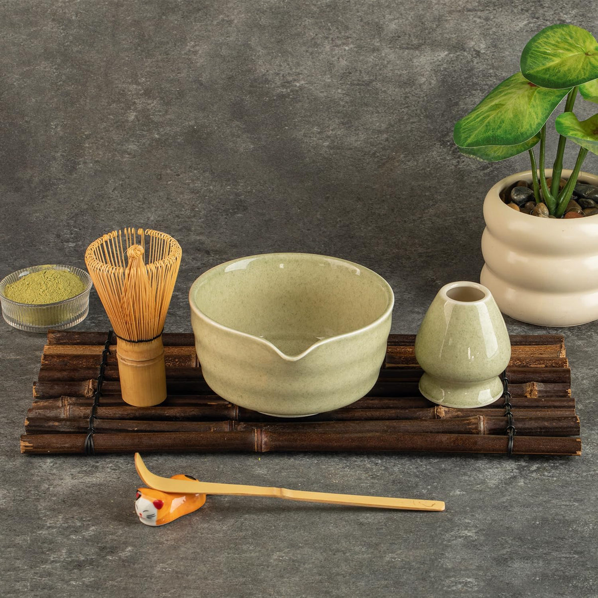 Matcha Whisk Set，Matcha Set includes Match Bowl with Spout and Whisk, Matcha Whisk Stand,Bamboo Matcha Scoop，5 Pcs Complete Ceramic Matcha Kit