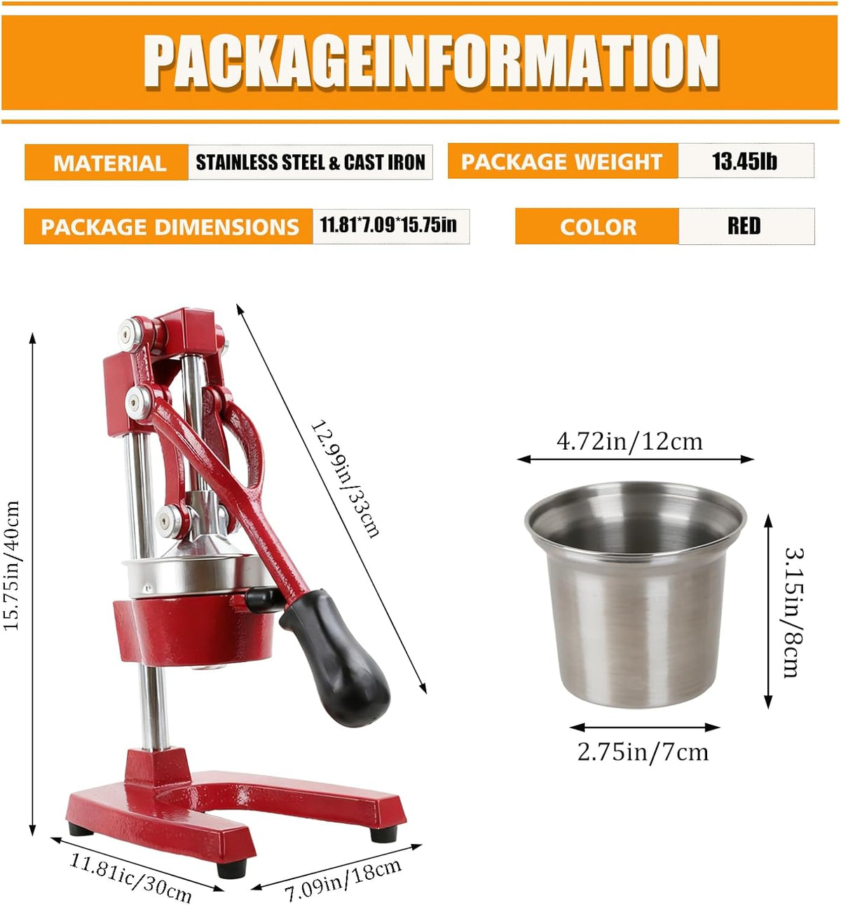 Kitchen Cast Iron Juicer - Easy-to-Clean Heavy-Duty Manual Juicer, Professional Citrus Juicer - Stainless Steel Lemon Squeezer - Manual Citrus Press & Orange Squeezer - Orange Juicer (Red)