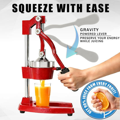 Kitchen Cast Iron Juicer - Easy-to-Clean Heavy-Duty Manual Juicer, Professional Citrus Juicer - Stainless Steel Lemon Squeezer - Manual Citrus Press & Orange Squeezer - Orange Juicer (Red)