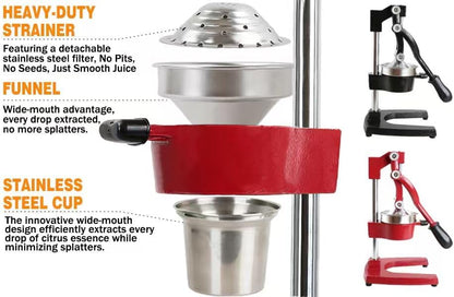 Kitchen Cast Iron Juicer - Easy-to-Clean Heavy-Duty Manual Juicer, Professional Citrus Juicer - Stainless Steel Lemon Squeezer - Manual Citrus Press & Orange Squeezer - Orange Juicer (Red)