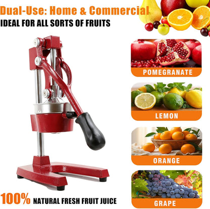 Kitchen Cast Iron Juicer - Easy-to-Clean Heavy-Duty Manual Juicer, Professional Citrus Juicer - Stainless Steel Lemon Squeezer - Manual Citrus Press & Orange Squeezer - Orange Juicer (Red)