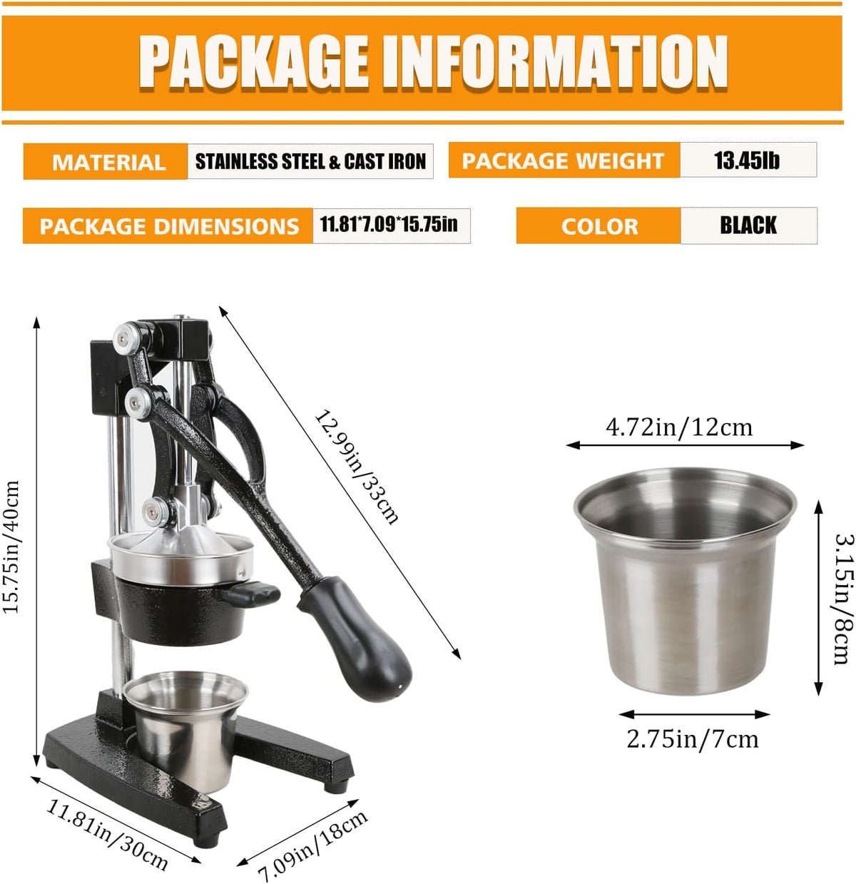 Kitchen Cast Iron Juicer - Easy-to-Clean Heavy-Duty Manual Juicer, Professional Citrus Juicer - Stainless Steel Lemon Squeezer - Manual Citrus Press & Orange Squeezer - Orange Juicer (Red)