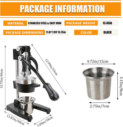 Kitchen Cast Iron Juicer - Easy-to-Clean Heavy-Duty Manual Juicer, Professional Citrus Juicer - Stainless Steel Lemon Squeezer - Manual Citrus Press & Orange Squeezer - Orange Juicer (Red)
