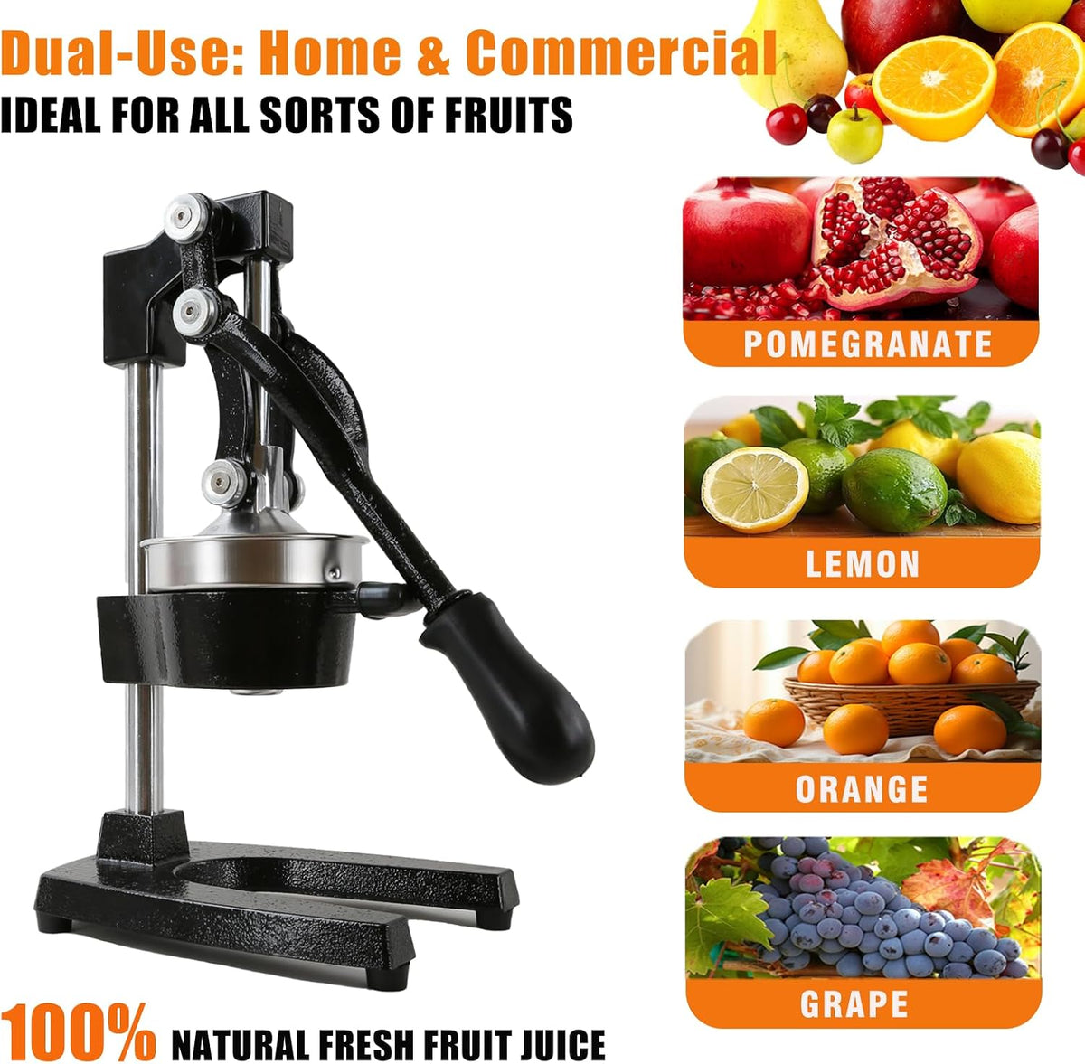 Kitchen Cast Iron Juicer - Easy-to-Clean Heavy-Duty Manual Juicer, Professional Citrus Juicer - Stainless Steel Lemon Squeezer - Manual Citrus Press & Orange Squeezer - Orange Juicer (Red)