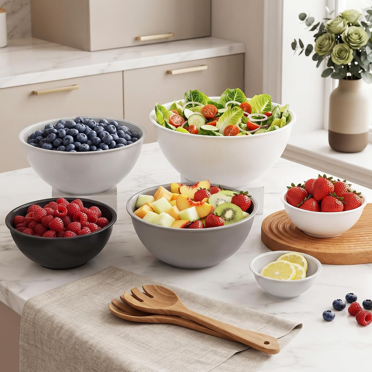 BoxedHome BPA Free Plastic Round Mixing Bowl with Lids, 12 Pack Nesting Bowls with Lids Set, Microwave and Dishwasher Safe Prep & Serving Bowls Great for Mixing, Baking, Serving (White, 12pcs)