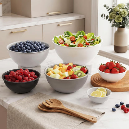 BoxedHome BPA Free Plastic Round Mixing Bowl with Lids, 12 Pack Nesting Bowls with Lids Set, Microwave and Dishwasher Safe Prep & Serving Bowls Great for Mixing, Baking, Serving (White, 12pcs)