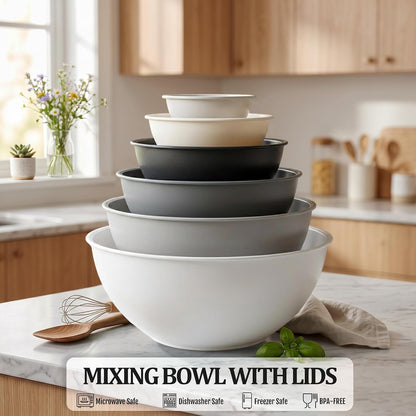 BoxedHome BPA Free Plastic Round Mixing Bowl with Lids, 12 Pack Nesting Bowls with Lids Set, Microwave and Dishwasher Safe Prep & Serving Bowls Great for Mixing, Baking, Serving (White, 12pcs)