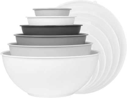 BoxedHome BPA Free Plastic Round Mixing Bowl with Lids, 12 Pack Nesting Bowls with Lids Set, Microwave and Dishwasher Safe Prep & Serving Bowls Great for Mixing, Baking, Serving (White, 12pcs)