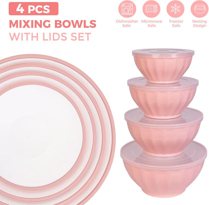 BoxedHome BPA Free Plastic Round Mixing Bowl with Lids, 12 Pack Nesting Bowls with Lids Set, Microwave and Dishwasher Safe Prep & Serving Bowls Great for Mixing, Baking, Serving (White, 12pcs)