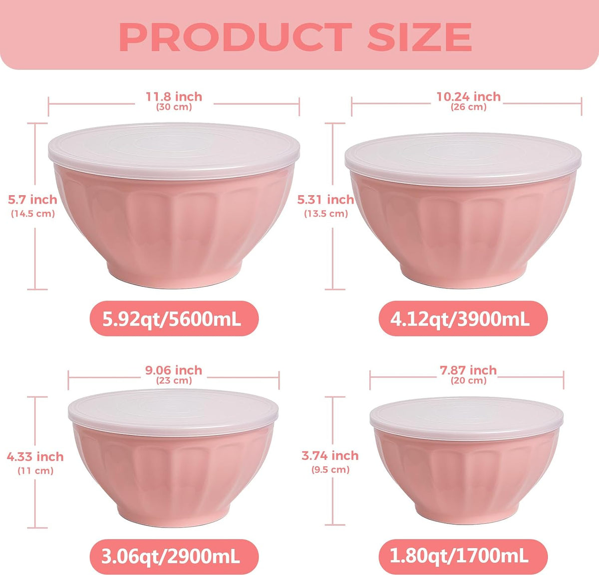 BoxedHome BPA Free Plastic Round Mixing Bowl with Lids, 12 Pack Nesting Bowls with Lids Set, Microwave and Dishwasher Safe Prep & Serving Bowls Great for Mixing, Baking, Serving (White, 12pcs)