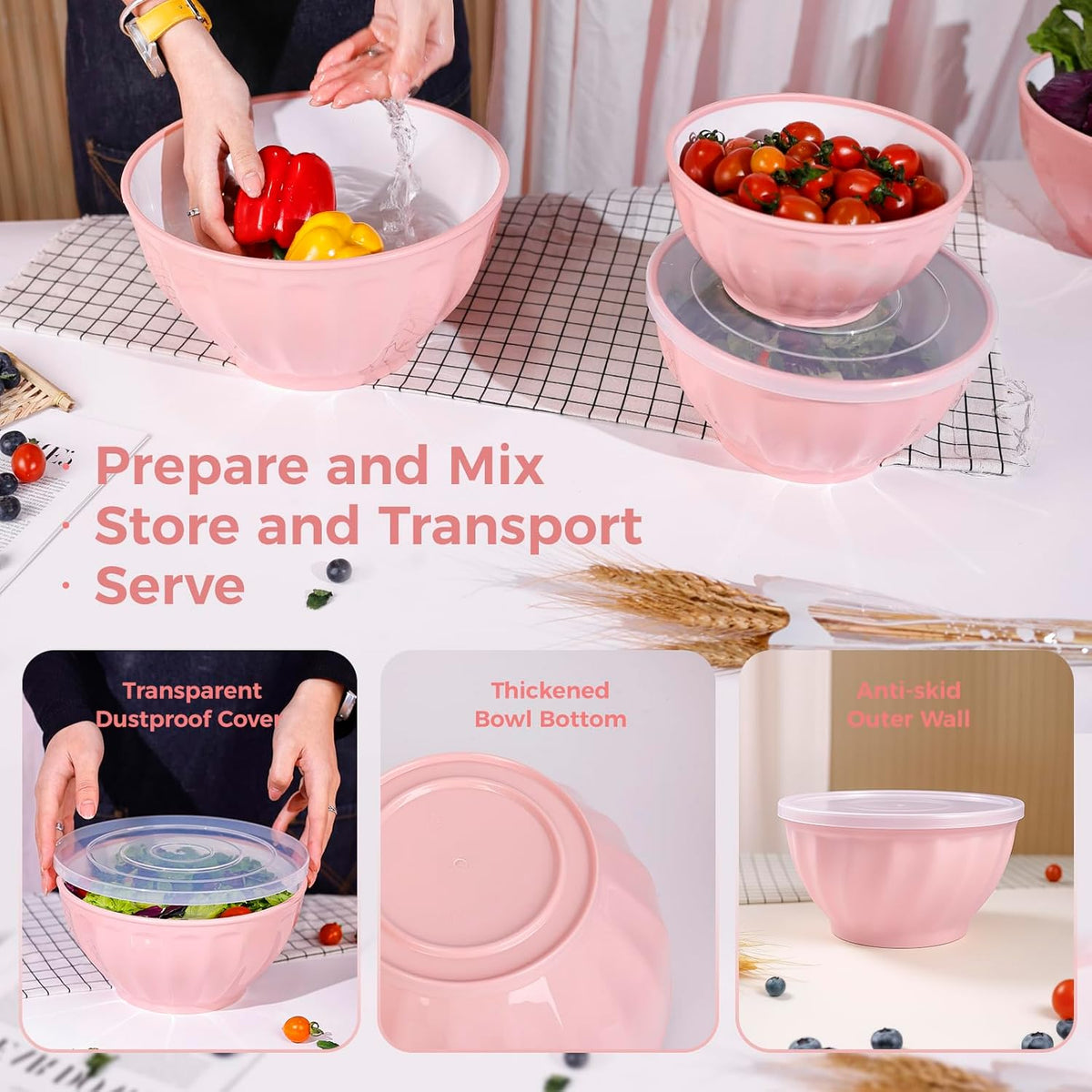 BoxedHome BPA Free Plastic Round Mixing Bowl with Lids, 12 Pack Nesting Bowls with Lids Set, Microwave and Dishwasher Safe Prep & Serving Bowls Great for Mixing, Baking, Serving (White, 12pcs)