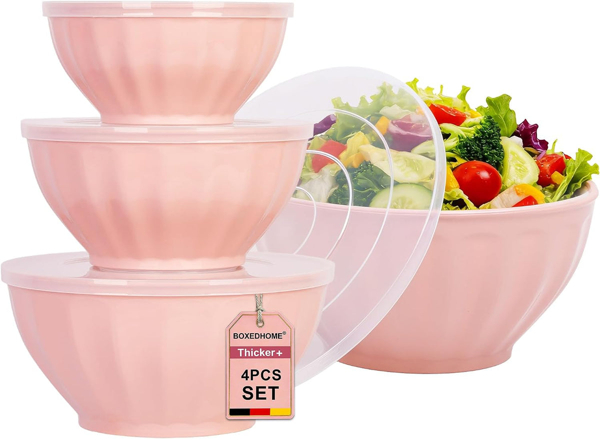 BoxedHome BPA Free Plastic Round Mixing Bowl with Lids, 12 Pack Nesting Bowls with Lids Set, Microwave and Dishwasher Safe Prep & Serving Bowls Great for Mixing, Baking, Serving (White, 12pcs)