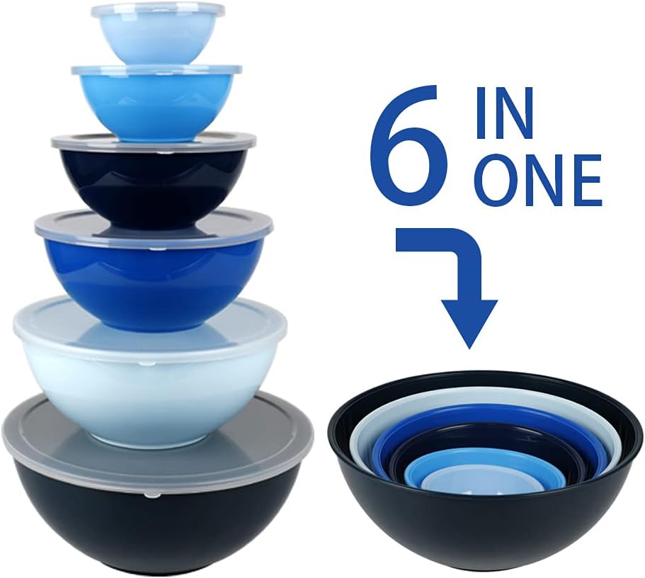 BoxedHome BPA Free Plastic Round Mixing Bowl with Lids, 12 Pack Nesting Bowls with Lids Set, Microwave and Dishwasher Safe Prep & Serving Bowls Great for Mixing, Baking, Serving (White, 12pcs)