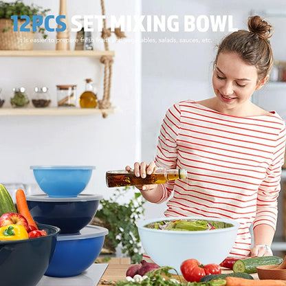 BoxedHome BPA Free Plastic Round Mixing Bowl with Lids, 12 Pack Nesting Bowls with Lids Set, Microwave and Dishwasher Safe Prep & Serving Bowls Great for Mixing, Baking, Serving (White, 12pcs)