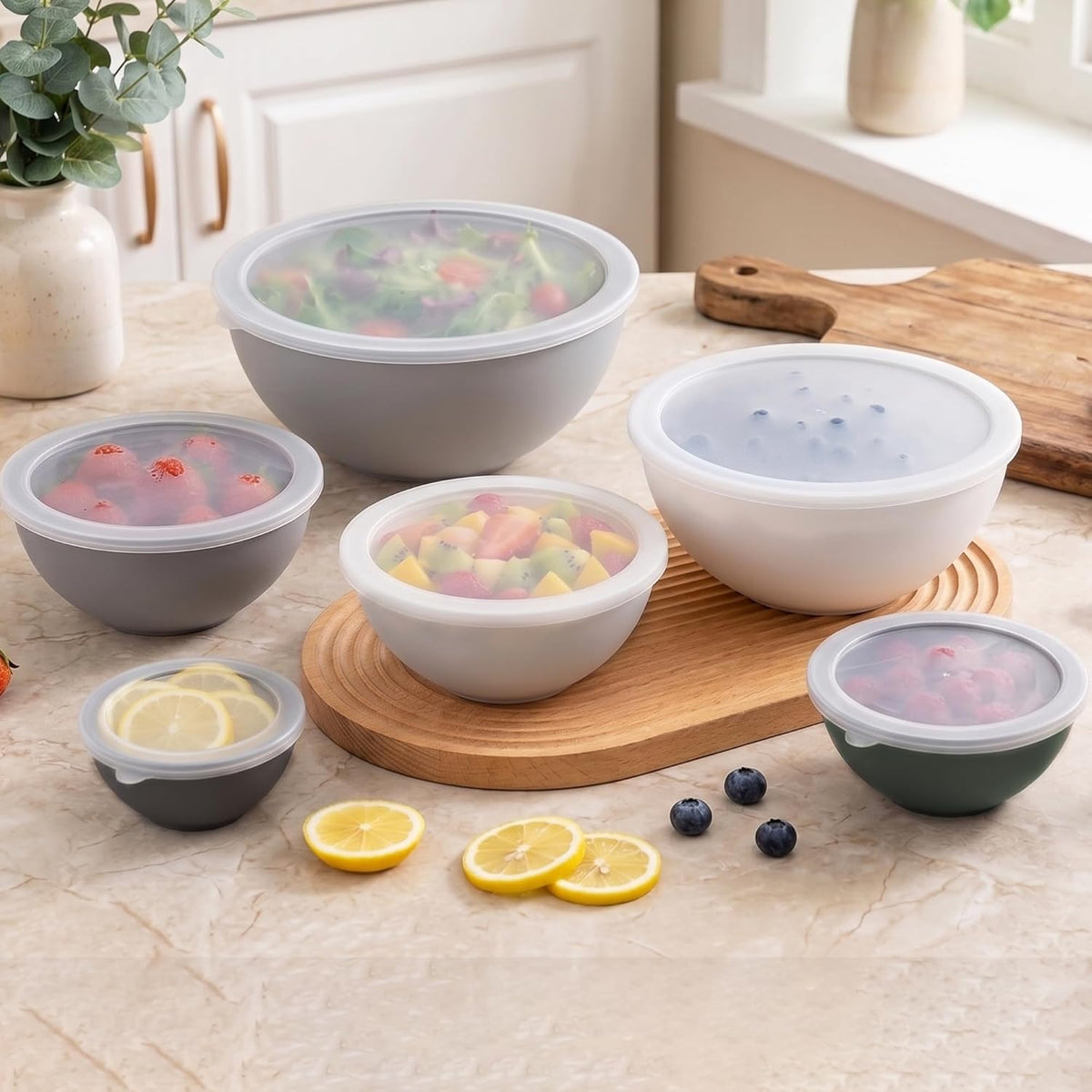 BoxedHome BPA Free Plastic Round Mixing Bowl with Lids, 12 Pack Nesting Bowls with Lids Set, Microwave and Dishwasher Safe Prep & Serving Bowls Great for Mixing, Baking, Serving (White, 12pcs)