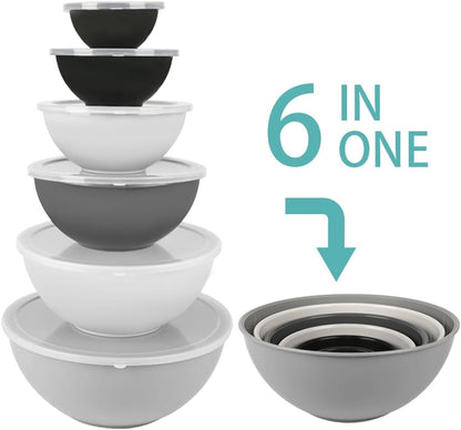 BoxedHome BPA Free Plastic Round Mixing Bowl with Lids, 12 Pack Nesting Bowls with Lids Set, Microwave and Dishwasher Safe Prep & Serving Bowls Great for Mixing, Baking, Serving (White, 12pcs)