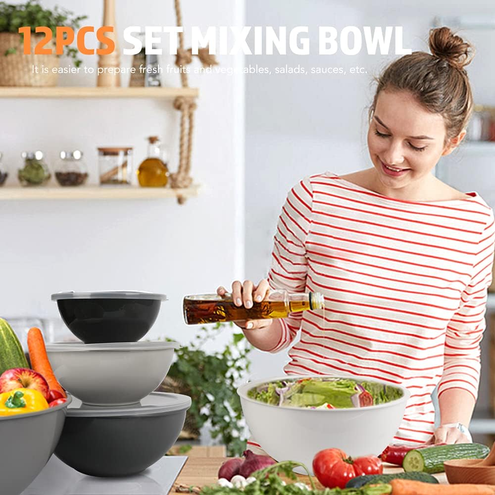 BoxedHome BPA Free Plastic Round Mixing Bowl with Lids, 12 Pack Nesting Bowls with Lids Set, Microwave and Dishwasher Safe Prep & Serving Bowls Great for Mixing, Baking, Serving (White, 12pcs)