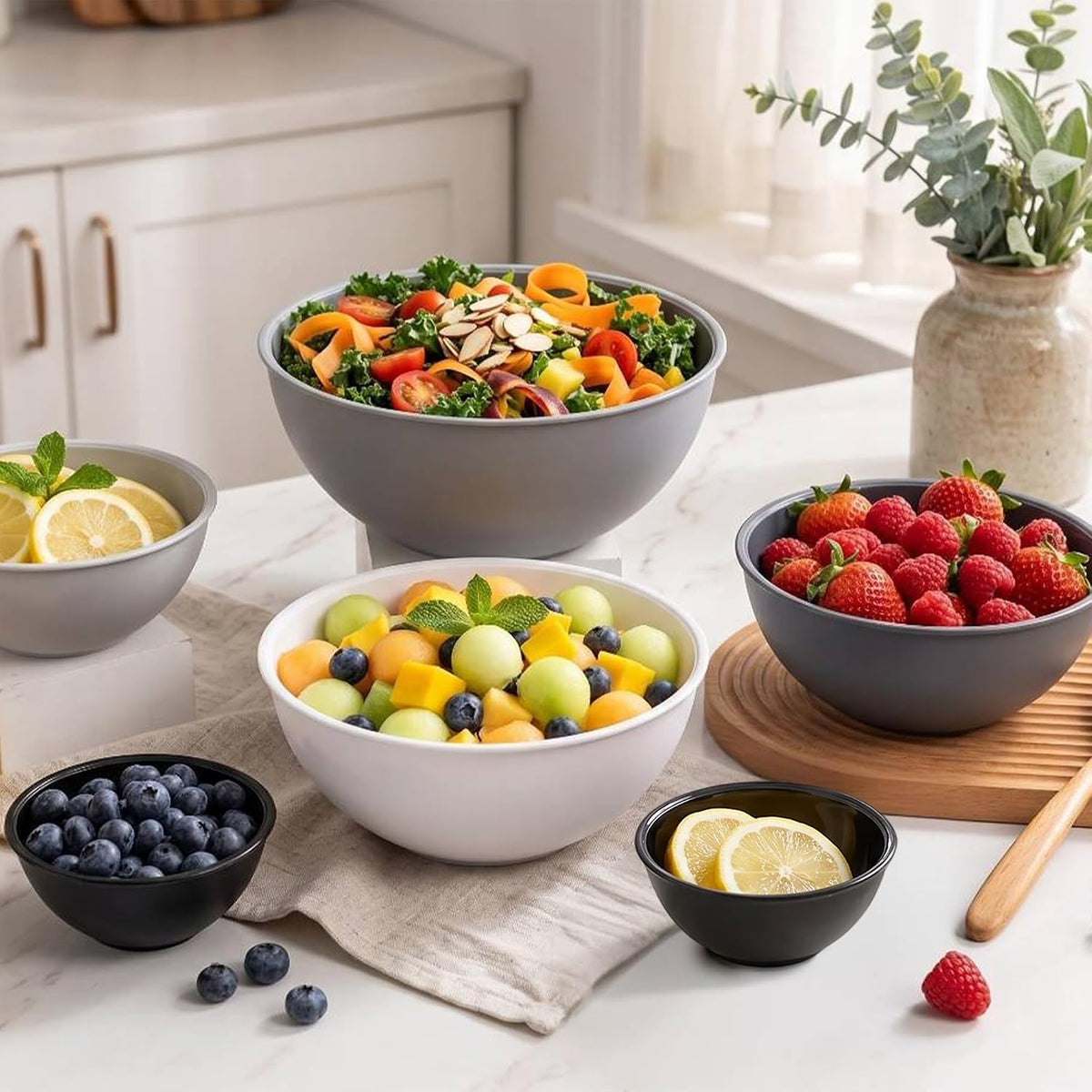 BoxedHome BPA Free Plastic Round Mixing Bowl with Lids, 12 Pack Nesting Bowls with Lids Set, Microwave and Dishwasher Safe Prep & Serving Bowls Great for Mixing, Baking, Serving (White, 12pcs)