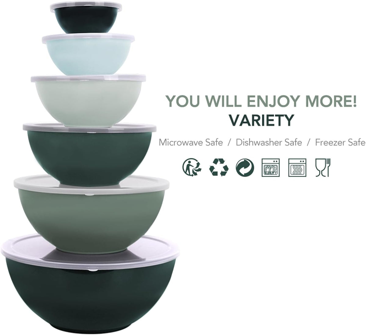 BoxedHome BPA Free Plastic Round Mixing Bowl with Lids, 12 Pack Nesting Bowls with Lids Set, Microwave and Dishwasher Safe Prep & Serving Bowls Great for Mixing, Baking, Serving (White, 12pcs)