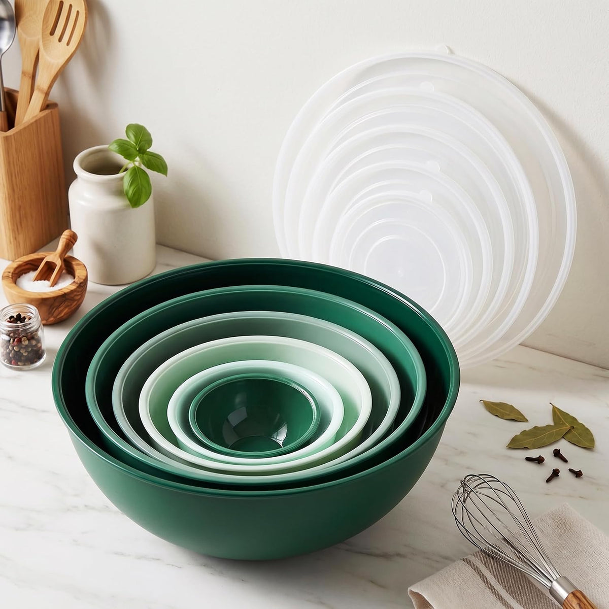 BoxedHome BPA Free Plastic Round Mixing Bowl with Lids, 12 Pack Nesting Bowls with Lids Set, Microwave and Dishwasher Safe Prep & Serving Bowls Great for Mixing, Baking, Serving (White, 12pcs)