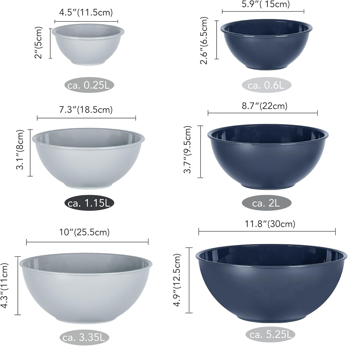BoxedHome BPA Free Plastic Round Mixing Bowl with Lids, 12 Pack Nesting Bowls with Lids Set, Microwave and Dishwasher Safe Prep & Serving Bowls Great for Mixing, Baking, Serving (White, 12pcs)