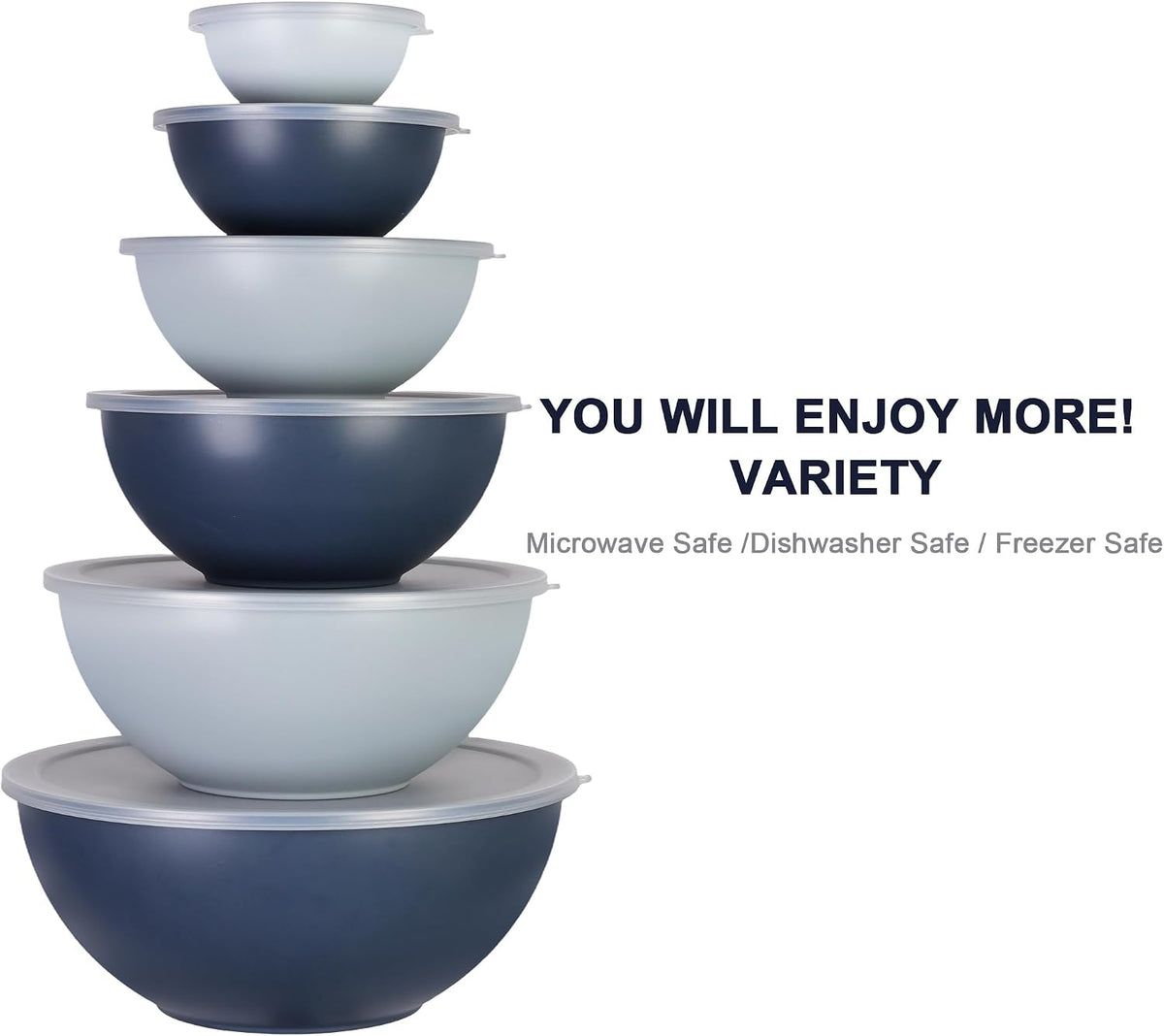 BoxedHome BPA Free Plastic Round Mixing Bowl with Lids, 12 Pack Nesting Bowls with Lids Set, Microwave and Dishwasher Safe Prep & Serving Bowls Great for Mixing, Baking, Serving (White, 12pcs)