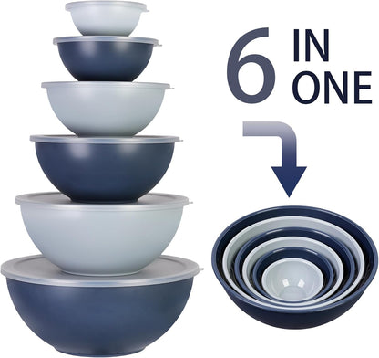 BoxedHome BPA Free Plastic Round Mixing Bowl with Lids, 12 Pack Nesting Bowls with Lids Set, Microwave and Dishwasher Safe Prep & Serving Bowls Great for Mixing, Baking, Serving (White, 12pcs)