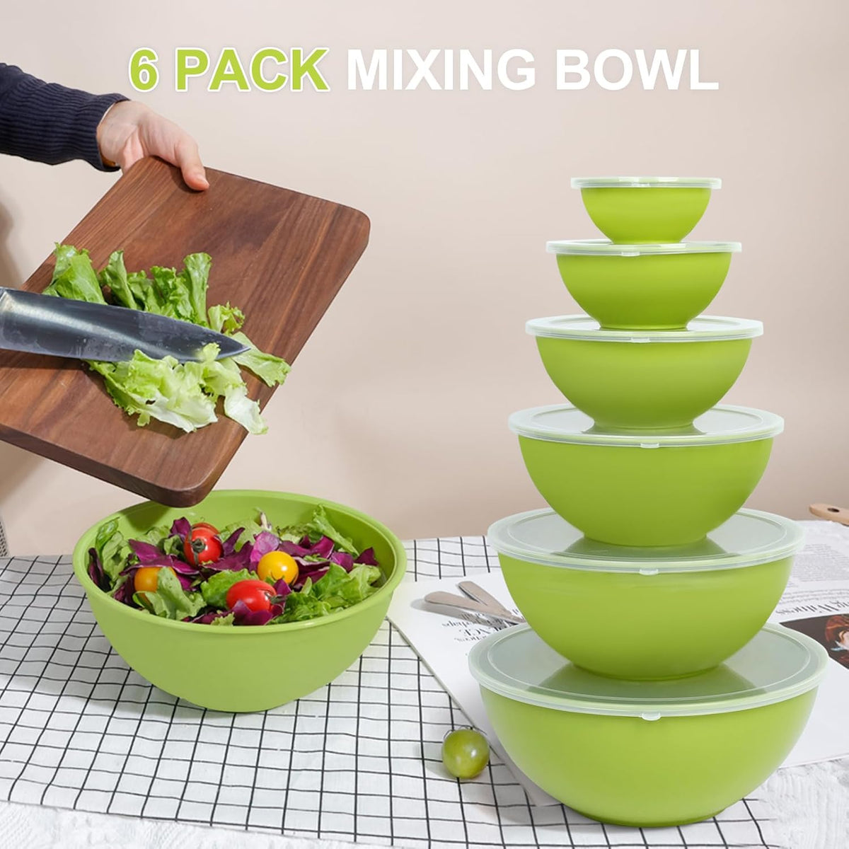 BoxedHome BPA Free Plastic Round Mixing Bowl with Lids, 12 Pack Nesting Bowls with Lids Set, Microwave and Dishwasher Safe Prep & Serving Bowls Great for Mixing, Baking, Serving (White, 12pcs)