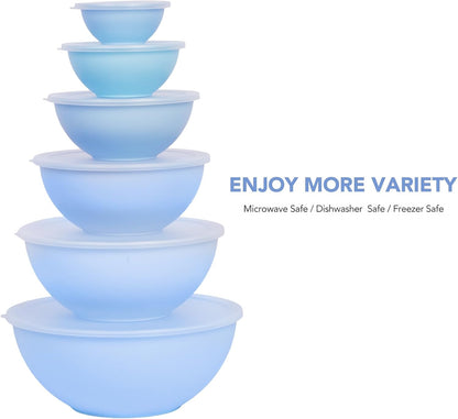 BoxedHome BPA Free Plastic Round Mixing Bowl with Lids, 12 Pack Nesting Bowls with Lids Set, Microwave and Dishwasher Safe Prep & Serving Bowls Great for Mixing, Baking, Serving (White, 12pcs)