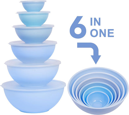 BoxedHome BPA Free Plastic Round Mixing Bowl with Lids, 12 Pack Nesting Bowls with Lids Set, Microwave and Dishwasher Safe Prep & Serving Bowls Great for Mixing, Baking, Serving (White, 12pcs)