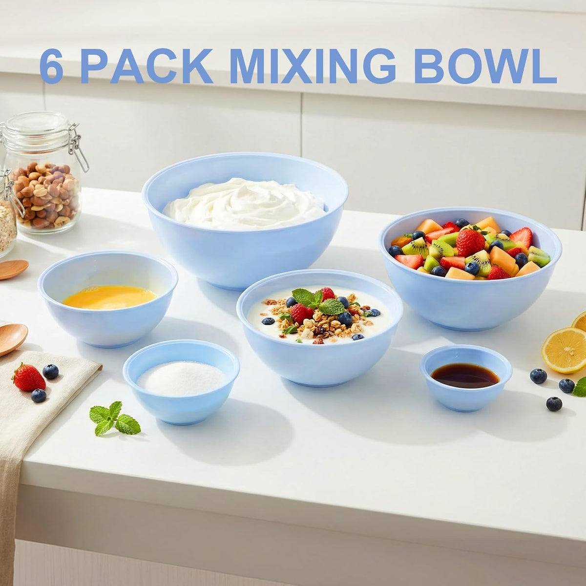 BoxedHome BPA Free Plastic Round Mixing Bowl with Lids, 12 Pack Nesting Bowls with Lids Set, Microwave and Dishwasher Safe Prep & Serving Bowls Great for Mixing, Baking, Serving (White, 12pcs)