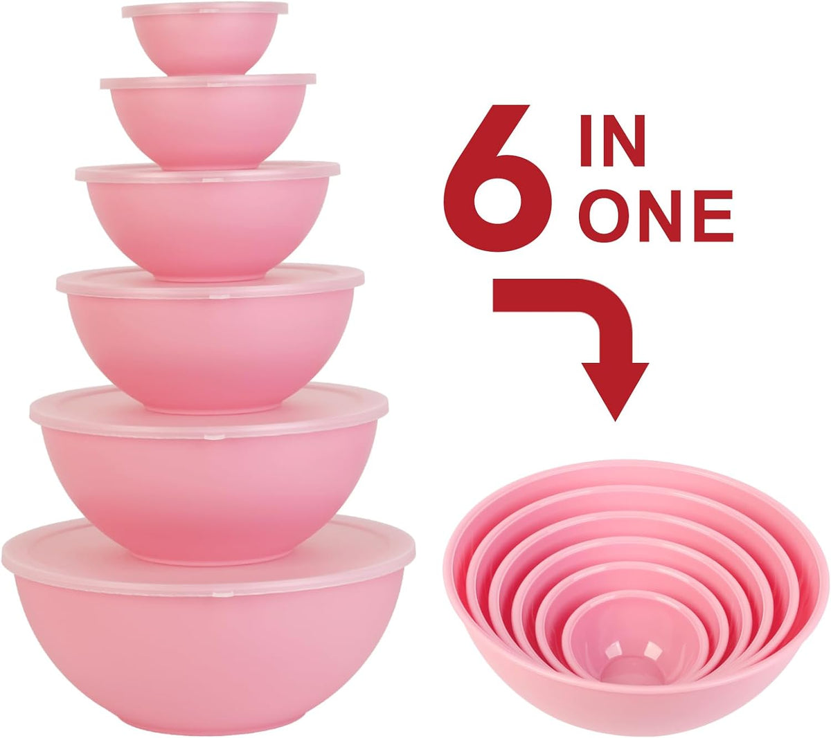 BoxedHome BPA Free Plastic Round Mixing Bowl with Lids, 12 Pack Nesting Bowls with Lids Set, Microwave and Dishwasher Safe Prep & Serving Bowls Great for Mixing, Baking, Serving (White, 12pcs)