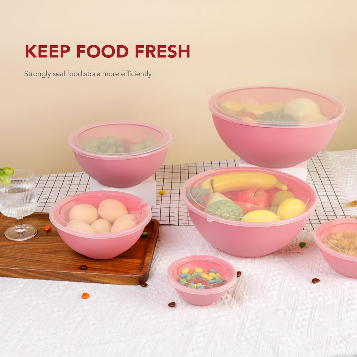 BoxedHome BPA Free Plastic Round Mixing Bowl with Lids, 12 Pack Nesting Bowls with Lids Set, Microwave and Dishwasher Safe Prep & Serving Bowls Great for Mixing, Baking, Serving (White, 12pcs)