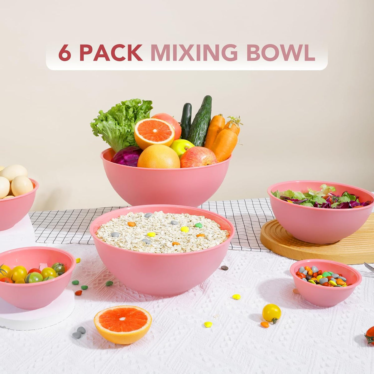 BoxedHome BPA Free Plastic Round Mixing Bowl with Lids, 12 Pack Nesting Bowls with Lids Set, Microwave and Dishwasher Safe Prep & Serving Bowls Great for Mixing, Baking, Serving (White, 12pcs)