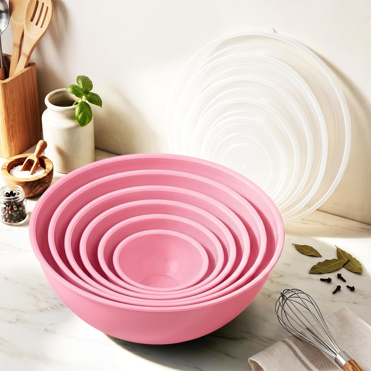 BoxedHome BPA Free Plastic Round Mixing Bowl with Lids, 12 Pack Nesting Bowls with Lids Set, Microwave and Dishwasher Safe Prep & Serving Bowls Great for Mixing, Baking, Serving (White, 12pcs)
